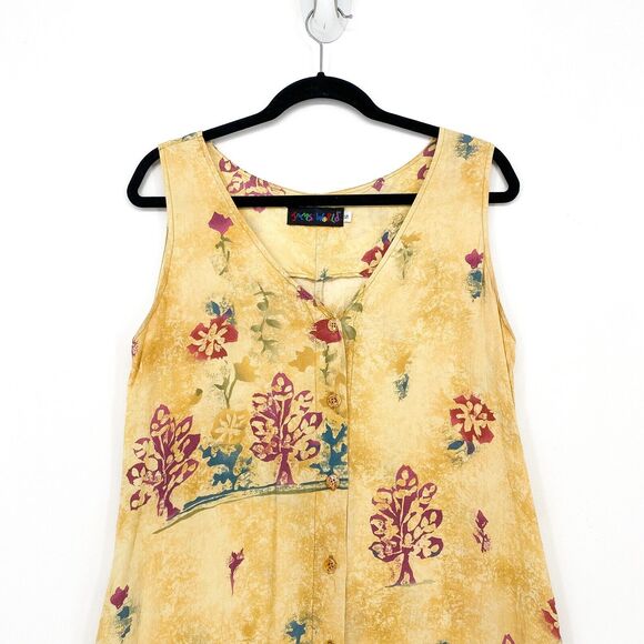 VTG JAMS WORLD Women S Dress Yellow Floral V Neck Midi Tank Button Hawaiian - Picture 3 of 7